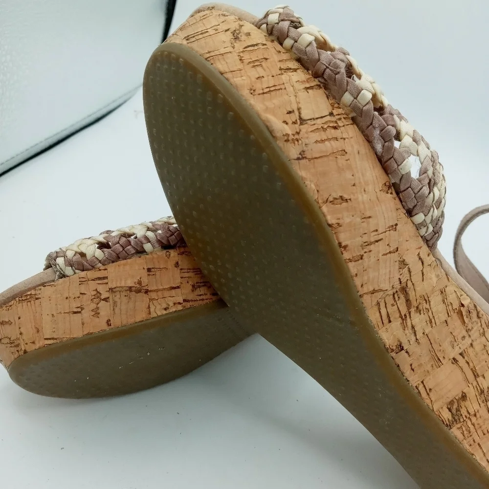 Tom's Stucco Satin Platform Cork Wedge Sandal. Ankle Strap Size 10